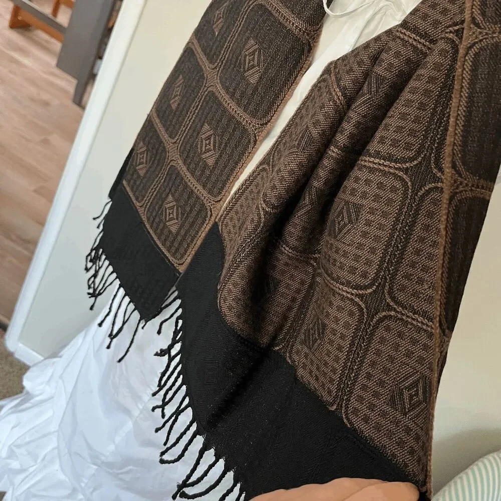 VTG Bruno Piattelli Lambswool Scarf Brown Jacquard Geometric Fringe Italy
